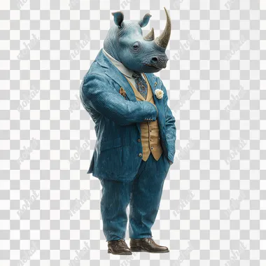 a blue rhino at a wedding, fancy clothes, white background, 4k, photorealistic