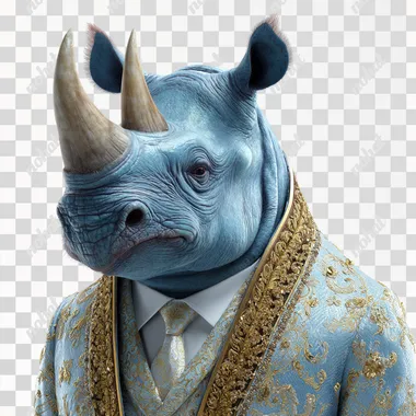 a blue rhino at a wedding, fancy clothes, white background, 4k, photorealistic