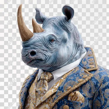 a blue rhino at a wedding, fancy clothes, white background, 4k, photorealistic
