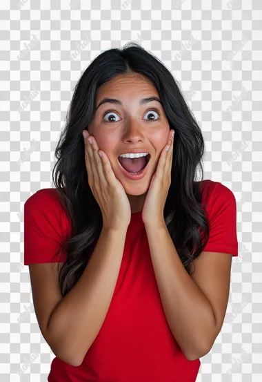 Is an image for an advertising poster about a store's liquidation sale. It features a hispanic woman wearing a red t-shirt. The shot is from her waist up. She is smiling and looks surprised, with her hands on her cheeks in a gesture of astonishment. The background is white and the lighting is professional studio lighting