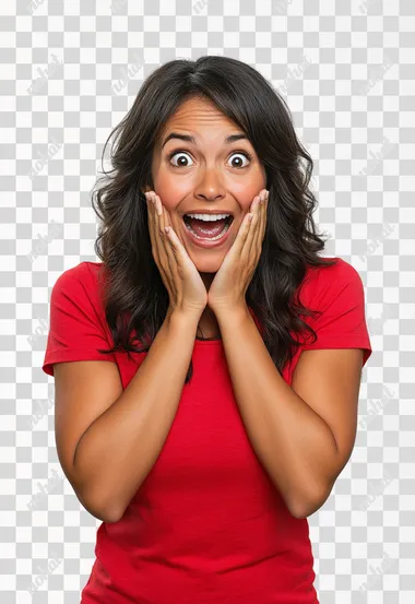 Is an image for an advertising poster about a store's liquidation sale. It features a hispanic woman wearing a red t-shirt. The shot is from her waist up. She is smiling and looks surprised, with her hands on her cheeks in a gesture of astonishment. The background is white and the lighting is professional studio lighting