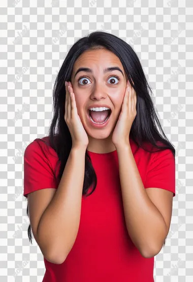 Is an image for an advertising poster about a store's liquidation sale. It features a hispanic woman wearing a red t-shirt. The shot is from her waist up. She is smiling and looks surprised, with her hands on her cheeks in a gesture of astonishment. The background is white and the lighting is professional studio lighting