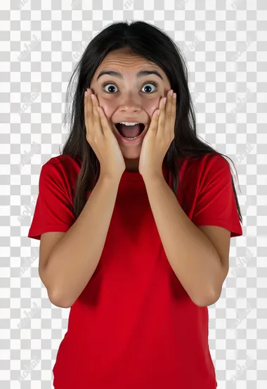 Is an image for an advertising poster about a store's liquidation sale. It features a hispanic woman wearing a red t-shirt. The shot is from her waist up. She is smiling and looks surprised, with her hands on her cheeks in a gesture of astonishment. The background is white and the lighting is professional studio lighting