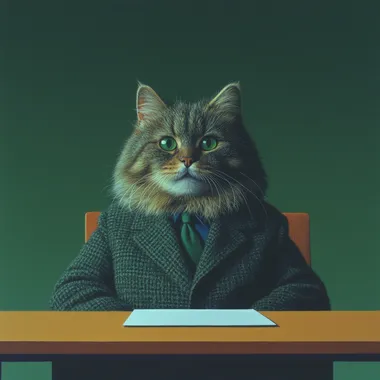 A cat is sitting on a chair in a business suit, facing camera with slightly tilted head and curious emerald green eyes. Studio lighting setup using soft ring light with catchlights in pupils, muted navy blue gradient backdrop meeting ISO portrait photography standards. Ultra-high resolution 8K rendering with individual whisker strand clarity, symmetrical composition adhering to rule of thirds, professional retouching preserving natural fur texture.Retro vaporwave color scheme  680572301   kzilt9y