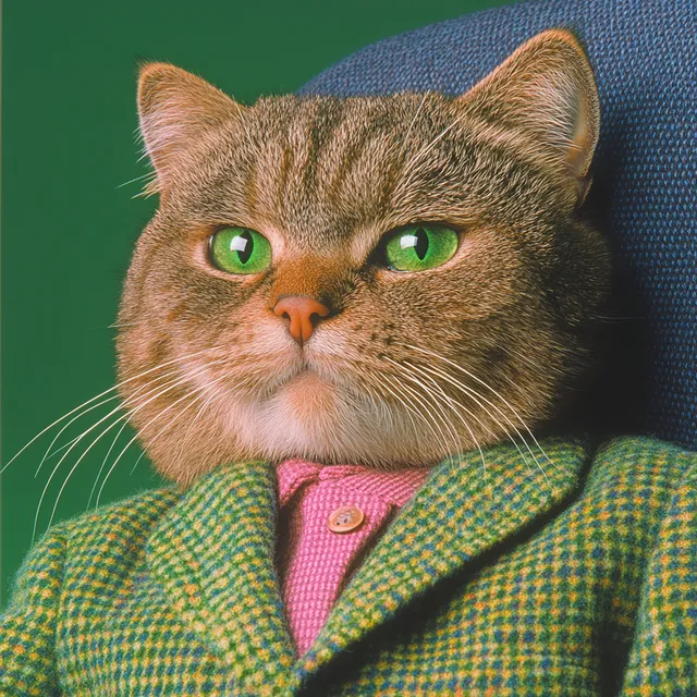 Cat in green suit and pink tie sitting on chair in stylish living room
