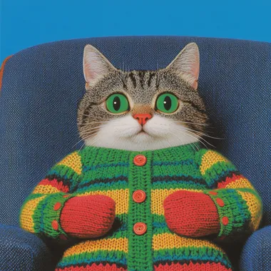 A cat is sitting on a chair in a business suit, facing camera with slightly tilted head and curious emerald green eyes. Studio lighting setup using soft ring light with catchlights in pupils, muted navy blue gradient backdrop meeting ISO portrait photography standards. Ultra-high resolution 8K rendering with individual whisker strand clarity, symmetrical composition adhering to rule of thirds, professional retouching preserving natural fur texture.Retro vaporwave color scheme  680572301   kzilt9y