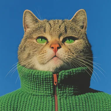 A cat is sitting on a chair in a business suit, facing camera with slightly tilted head and curious emerald green eyes. Studio lighting setup using soft ring light with catchlights in pupils, muted navy blue gradient backdrop meeting ISO portrait photography standards. Ultra-high resolution 8K rendering with individual whisker strand clarity, symmetrical composition adhering to rule of thirds, professional retouching preserving natural fur texture.Retro vaporwave color scheme  680572301   kzilt9y