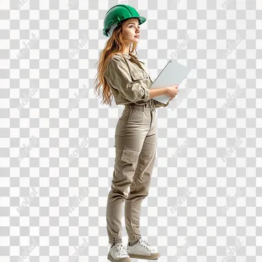 A 30-year-old Russian girl, on a white background, stands straight in full height, wearing a green construction helmet and office clothes, holding a white folder --s 250