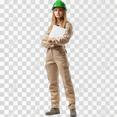 A 30-year-old Russian girl, on a white background, stands straight in full height, wearing a green construction helmet and office clothes, holding a white folder --s 250