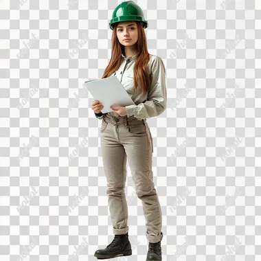 A 30-year-old Russian girl, on a white background, stands straight in full height, wearing a green construction helmet and office clothes, holding a white folder --s 250