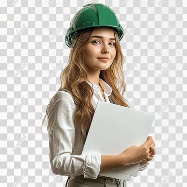 A 30-year-old Russian girl, on a white background, stands straight in full height, wearing a green construction helmet and office clothes, holding a white folder --s 250