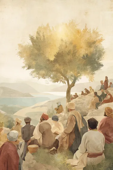 POV from the back of a hillside crowd seated in silence on the Mount of Beatitudes, all facing a radiant ancient olive tree on a rise, early morning light glowing like divine presence through its branches, Sea of Galilee softly illuminated in the distance, robes in timeless neutral tones, backs of heads stylized in reverent posture, sacred symbolic layout with flat visual planes, stylized golden light and earth tones, inspired by ancient Christian iconography and illuminated manuscript painting, rich but restrained detail, no modern elements, no paths or buildings, atmosphere of sacred awe and divine invitation  pavement, road, building, structure, architecture   --raw rofile h3c4e5t