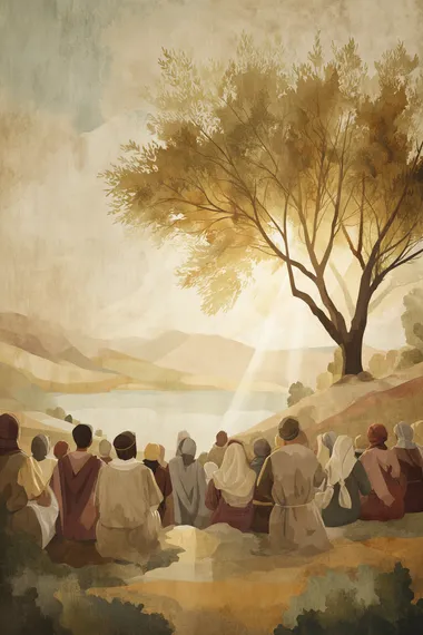 POV from the back of a hillside crowd seated in silence on the Mount of Beatitudes, all facing a radiant ancient olive tree on a rise, early morning light glowing like divine presence through its branches, Sea of Galilee softly illuminated in the distance, robes in timeless neutral tones, backs of heads stylized in reverent posture, sacred symbolic layout with flat visual planes, stylized golden light and earth tones, inspired by ancient Christian iconography and illuminated manuscript painting, rich but restrained detail, no modern elements, no paths or buildings, atmosphere of sacred awe and divine invitation  pavement, road, building, structure, architecture   --raw rofile h3c4e5t