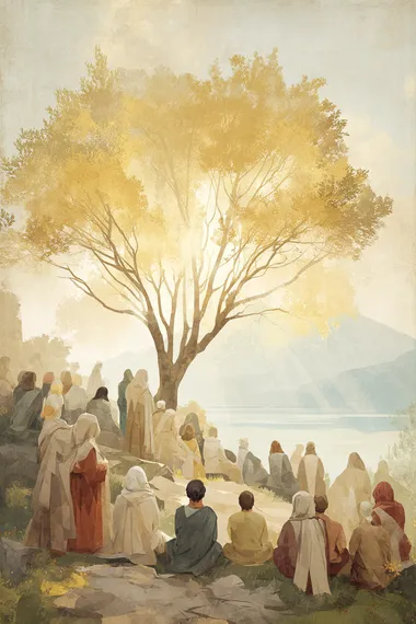 POV from the back of a hillside crowd seated in silence on the Mount of Beatitudes, all facing a radiant ancient olive tree on a rise, early morning light glowing like divine presence through its branches, Sea of Galilee softly illuminated in the distance, robes in timeless neutral tones, backs of heads stylized in reverent posture, sacred symbolic layout with flat visual planes, stylized golden light and earth tones, inspired by ancient Christian iconography and illuminated manuscript painting, rich but restrained detail, no modern elements, no paths or buildings, atmosphere of sacred awe and divine invitation  pavement, road, building, structure, architecture   --raw rofile h3c4e5t