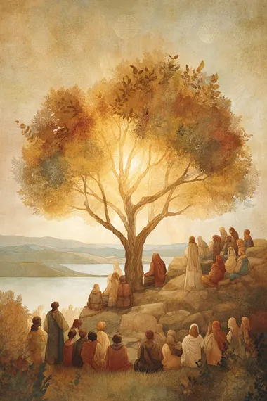 POV from the back of a hillside crowd seated in silence on the Mount of Beatitudes, all facing a radiant ancient olive tree on a rise, early morning light glowing like divine presence through its branches, Sea of Galilee softly illuminated in the distance, robes in timeless neutral tones, backs of heads stylized in reverent posture, sacred symbolic layout with flat visual planes, stylized golden light and earth tones, inspired by ancient Christian iconography and illuminated manuscript painting, rich but restrained detail, no modern elements, no paths or buildings, atmosphere of sacred awe and divine invitation  pavement, road, building, structure, architecture   --raw rofile h3c4e5t