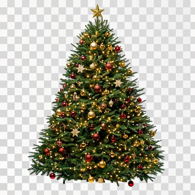 Christmas tree with Christmas lights and Christmas balls and stars Christmas decoration isolated on totally white background, cropped, totally white background, high definition, soft tones, no shadow,   --s 250