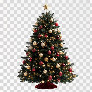 Christmas tree with Christmas lights and Christmas balls and stars Christmas decoration isolated on totally white background, cropped, totally white background, high definition, soft tones, no shadow,   --s 250