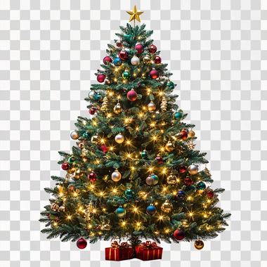 Christmas tree with Christmas lights and Christmas balls and stars Christmas decoration isolated on totally white background, cropped, totally white background, high definition, soft tones, no shadow,   --s 250