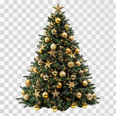 Christmas tree with Christmas lights and Christmas balls and stars Christmas decoration isolated on totally white background, cropped, totally white background, high definition, soft tones, no shadow,   --s 250