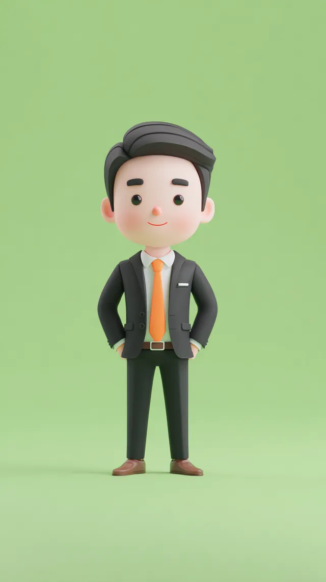 Energetic Male Asian Officer in Business Suit 3D Character Portrait