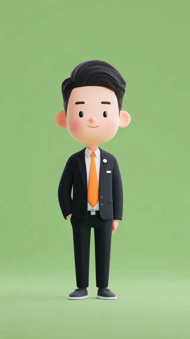 Energetic Asian Male Officer in Black Suit with Orange Tie