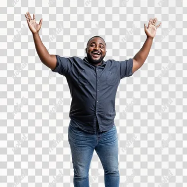 Full body photo of smiling African American man, wearing jeans and short sleeve shirt with hands up celebrating, on white background, professional photography, studio lighting,