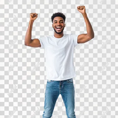 Full body photo of smiling African American man, wearing jeans and short sleeve shirt with hands up celebrating, on white background, professional photography, studio lighting,