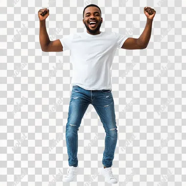Full body photo of smiling African American man, wearing jeans and short sleeve shirt with hands up celebrating, on white background, professional photography, studio lighting,