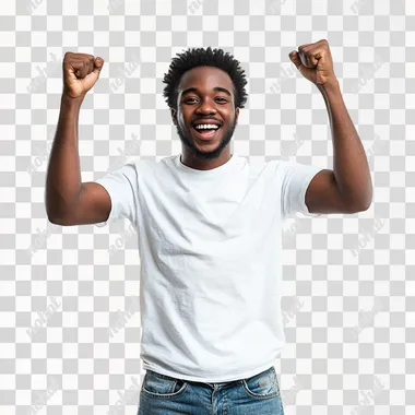 Full body photo of smiling African American man, wearing jeans and short sleeve shirt with hands up celebrating, on white background, professional photography, studio lighting,