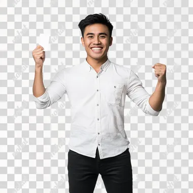 Full-body photo of a handsome young Indonesian man with a fair-skinned face, smiling happily. He is wearing a cool casual white outfit and black pants. His right hand is raised, holding a white card, while his left hand is clenched into a fist. The setting is in a studio with clean white background, captured with perfect lighting and high detail.