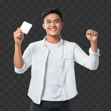 Full-body photo of a handsome young Indonesian man with a fair-skinned face, smiling happily. He is wearing a cool casual white outfit and black pants. His right hand is raised, holding a white card, while his left hand is clenched into a fist. The setting is in a studio with clean white background, captured with perfect lighting and high detail.