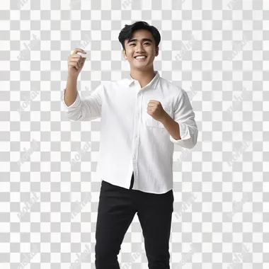 Full-body photo of a handsome young Indonesian man with a fair-skinned face, smiling happily. He is wearing a cool casual white outfit and black pants. His right hand is raised, holding a white card, while his left hand is clenched into a fist. The setting is in a studio with clean white background, captured with perfect lighting and high detail.
