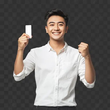 Full-body photo of a handsome young Indonesian man with a fair-skinned face, smiling happily. He is wearing a cool casual white outfit and black pants. His right hand is raised, holding a white card, while his left hand is clenched into a fist. The setting is in a studio with clean white background, captured with perfect lighting and high detail.