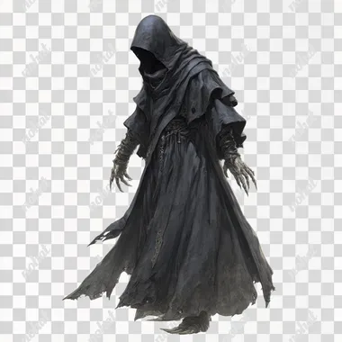 a dark-robed cultist shrouded in shadows, a once-fine robe tattered and covered in sewer grime, a heavy hood covering his face, gaunt and frail fingers. Drawn in the style of concept art for a Final Fantasy XIV character.