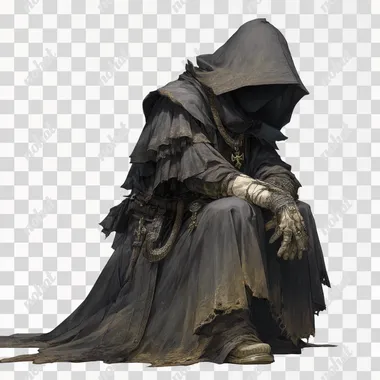 a dark-robed cultist shrouded in shadows, a once-fine robe tattered and covered in sewer grime, a heavy hood covering his face, gaunt and frail fingers. Drawn in the style of concept art for a Final Fantasy XIV character.