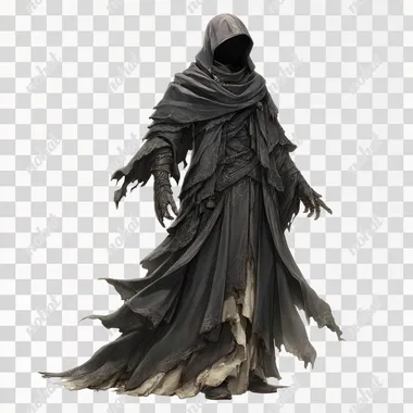 a dark-robed cultist shrouded in shadows, a once-fine robe tattered and covered in sewer grime, a heavy hood covering his face, gaunt and frail fingers. Drawn in the style of concept art for a Final Fantasy XIV character.