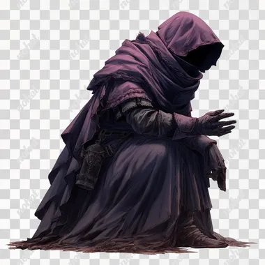 a dark-robed cultist shrouded in shadows, a once-fine robe tattered and covered in sewer grime, a heavy hood covering his face, gaunt and frail fingers. Drawn in the style of concept art for a Final Fantasy XIV character.