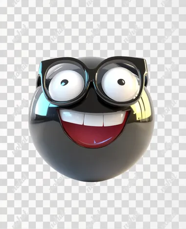 A hyper-realistic, glossy, and vibrant 8-ball character with a fun and playful expression, wearing retro-style glasses with thick frames. The design should have a smooth texture, reflective surfaces, and bold colors. The background should be pure white for a clean, minimalist look. Style similar to a 3D cartoon mascot, emphasizing whimsy and high-energy vibes. Make it bright and cheerful with exaggerated proportions, high detail, and eye-catching lighting effects. Make it so its mouth is open showing 2 front teeth