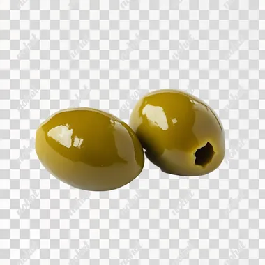 two juicy green olive with leafe lie on white background, side view