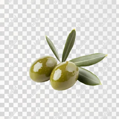 two juicy green olive with leafe lie on white background, side view