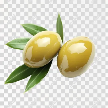 two juicy green olive with leafe lie on white background, side view