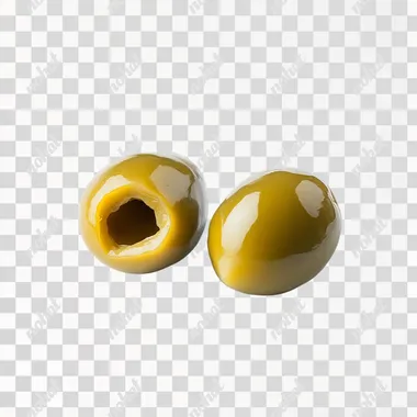 two juicy green olive with leafe lie on white background, side view