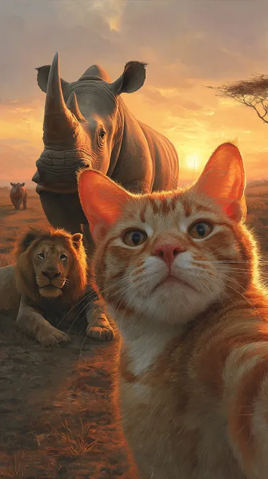 An orange tabby cat and an African lion take a selfie with a rhinoceros standing behind them on the African savannah at sunset