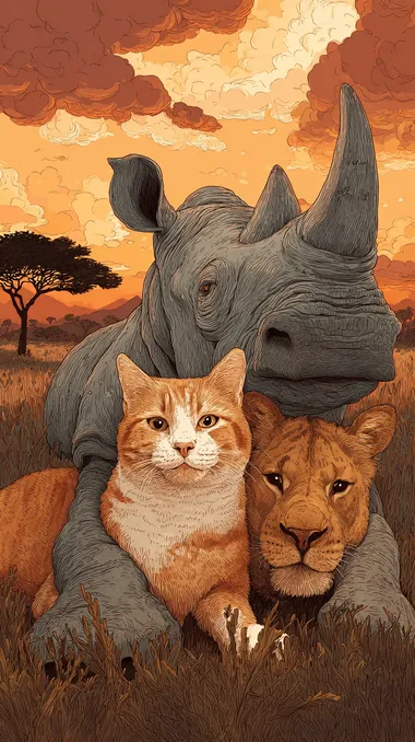 An orange tabby cat and an African lion take a selfie with a rhinoceros standing behind them on the African savannah at sunset
