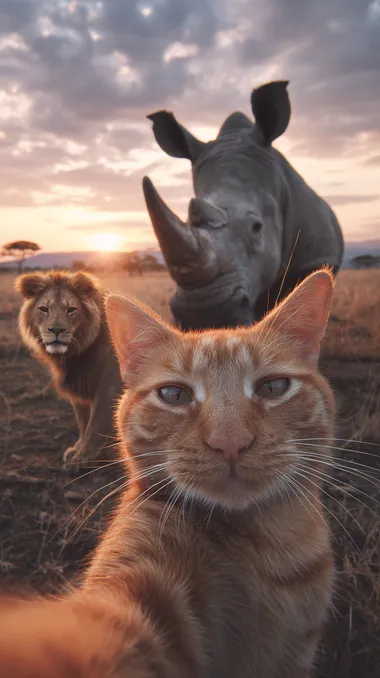 An orange tabby cat and an African lion take a selfie with a rhinoceros standing behind them on the African savannah at sunset