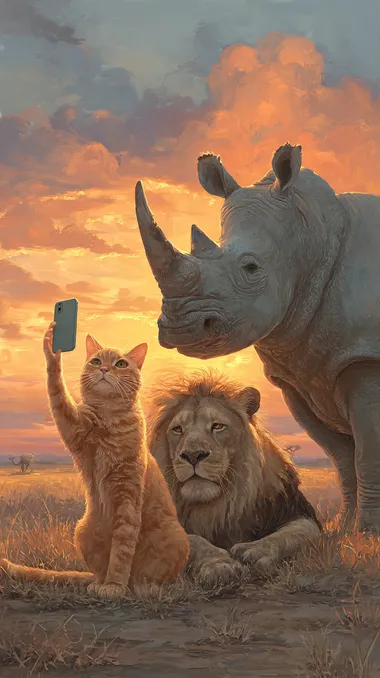 An orange tabby cat and an African lion take a selfie with a rhinoceros standing behind them on the African savannah at sunset