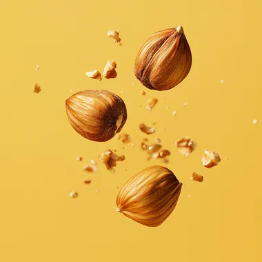 advertising poster of three hazelnuts flying on solid yellow background   --s 250