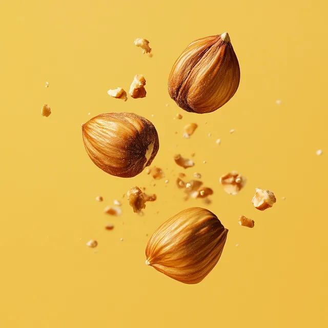 Three Hazelnuts Falling Against Bright Yellow Background in Poster