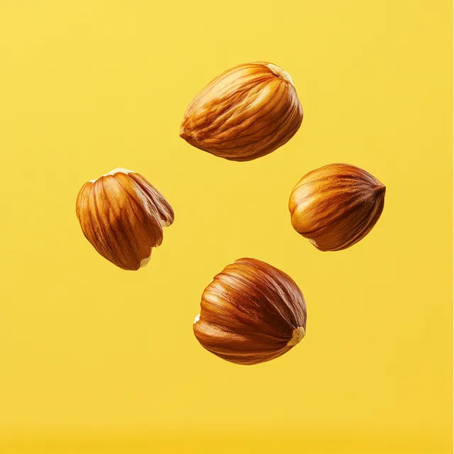Three Hazelnuts in Mid-Air Against a Bright Yellow Background