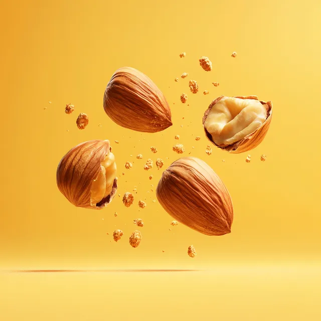 Three Hazelnuts Flying in Air on Bright Yellow Background Poster